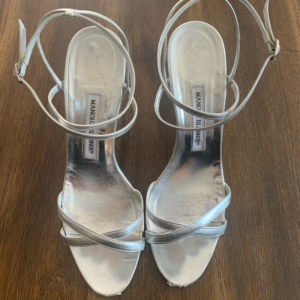 Manolo Blahnik Bayan Silver Strappy Sandal